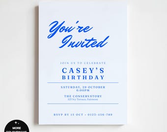 Convite de Aniversário Azul Pastel | Convite de Festa Moderno com Tipografia Minimalista em Azul Cobalto | Modelo Digital Editável para Impressão