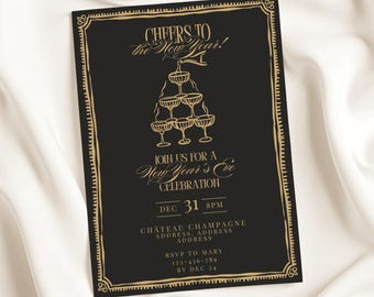 Convite para a Véspera de Ano Novo com Torre de Champanhe | Convite Elegante para Festa de Ano Novo em Preto e Dourado Desenhado à Mão | Modelo Editável e Imprimível para Download no Canva