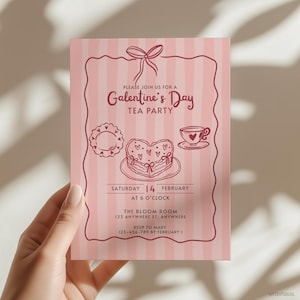 Galentine’s Day tea party invitation with pink stripes and heart cake illustration
