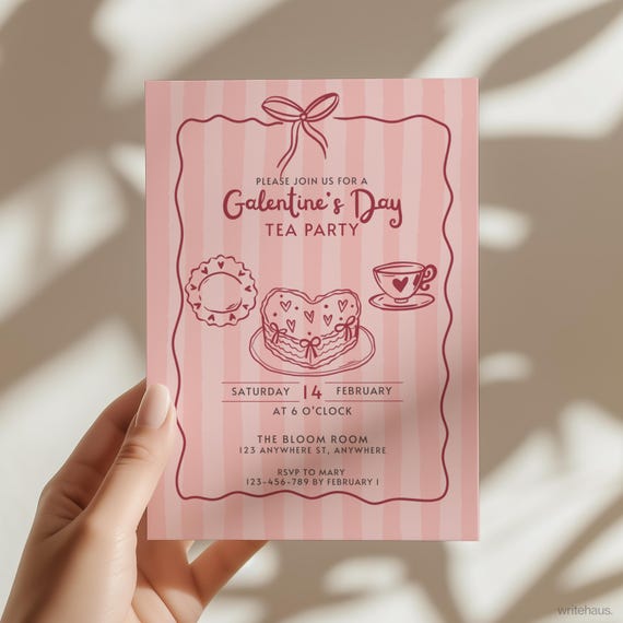 Galentine’s Day Tea Party Invitation Template | Valentine Pink Red Sketch Hand Drawn 5x7 Invite | Editable Canva Template Digital Download