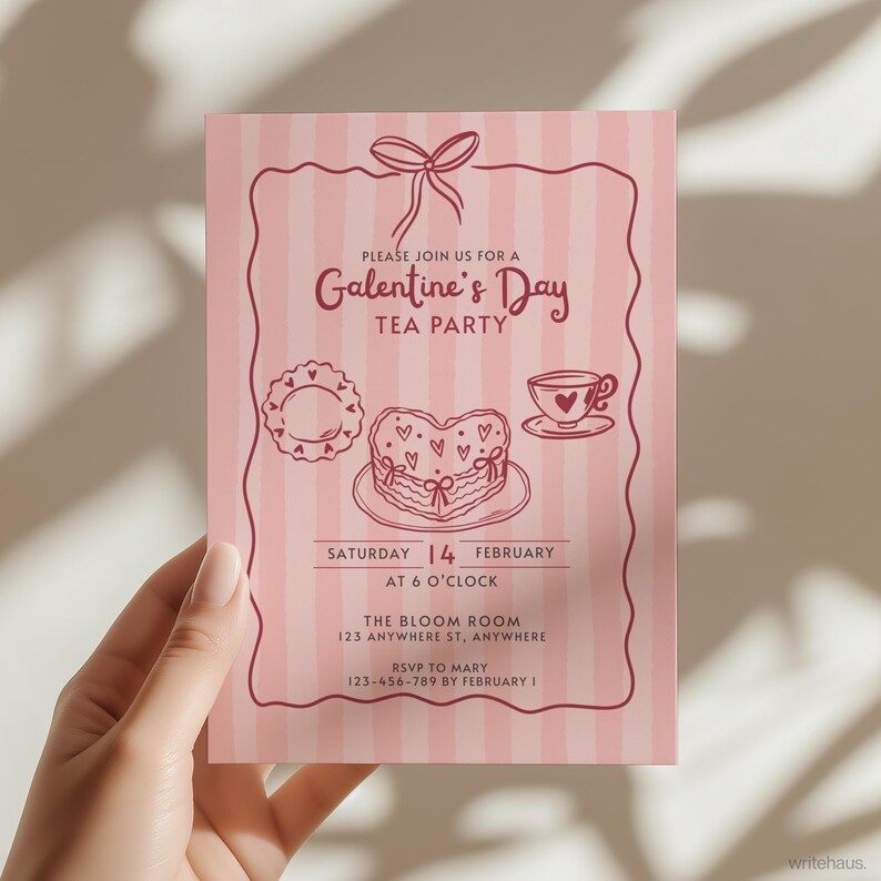 Galentine’s Day tea party invitation with pink stripes and heart cake illustration