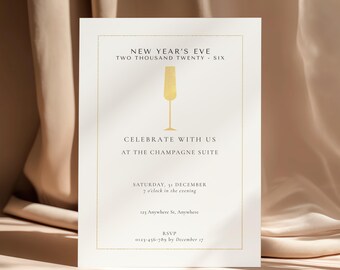 Convite minimalista para festa de Ano Novo | Taça de champanhe dourada | Convite moderno e elegante para a véspera de Ano Novo | Modelo editável e imprimível para download imediato