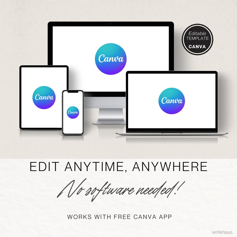 Puede incluir: Un dise&ntilde;o digital con una computadora de escritorio, una computadora port&aacute;til, una tableta y un tel&eacute;fono inteligente, cada uno mostrando el logotipo de Canva. La imagen incluye el texto "EDIT ANYTIME, ANYWHERE" y "No software needed!" con un c&iacute;rculo "Editable Template Canva".