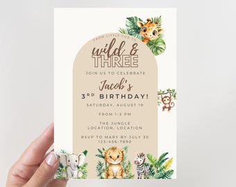 Wild and Three 3rd Birthday Party Invitation | Safari Jungle Animal Theme Invite | 5x7 Editable Canva Template Instant Digital Download
