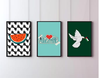 Palestinakonsttryck: Keffiyeh, Vattenmelon, Gazas fågel (digital nedladdning)