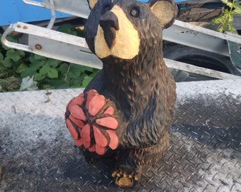 chainsaw carving bear,sitting bear with flowers wood sculpture log home decor