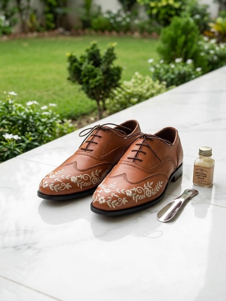 Handmade Leather Oxford Shoes: Floral Embroidered Brogue Dress Shoes image 3