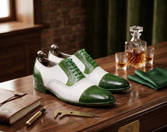 Handmade Green White Leather Oxford Shoes – Two Tone Cap Toe Brogue Dress Formal Footwear