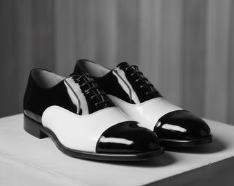 Handgemaakte zwart-wit lakleer oxfordschoenen | Tweekleurige schoenen voor toeschouwers