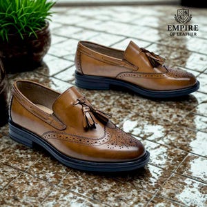 Handmade Brown Leather Tassel Loafers for Men Brogue Slip On Dress Shoes | Genuine Leather shoes
