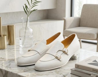 White Double Monk Strap Shoes for Men, Handmade Leather Wedding Shoes, Luxury Formal Dress Shoes, Custom Size Footwear