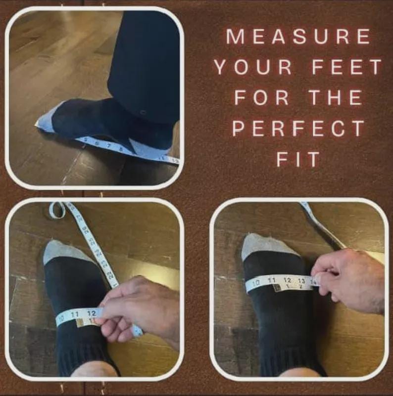 May include: Image showing how to measure feet for shoe sizing. The text reads "MEASURE YOUR FEET FOR THE PERFECT FIT." The image shows feet in socks being measured with a measuring tape. The feet are on a wooden floor.