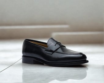 Handmade Black Leather Penny Loafers: Classic Men's Dress Shoes