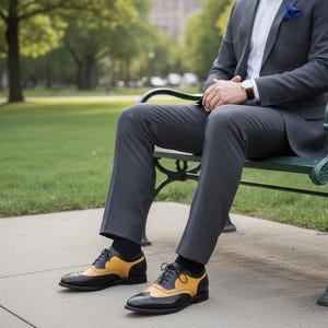 Handgemachte zweifarbige Leder Oxford Brogues – Schwarz & Senfgelbe Flügelspitze Schuhe Bild 7
