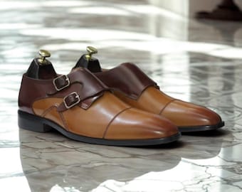 Handmade Two-Tone Brown Leather Monk Strap Dress Shoes