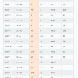 May include: A chart titled "Men's Shoes Length and Width Charts" displays shoe size conversions. It includes measurements in inches and centimeters, along with US, UK, European, and Japanese sizes. The chart is designed to help customers find the correct shoe size.