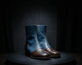 Handmade Leather Tabi Boots, Blue Brown Split Toe, Japanese Style Ankle Footwear