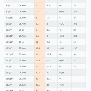 May include: A chart titled "Men's Shoes Length and Width Charts" with measurements in inches, centimeters, and corresponding US, UK, European, and Japanese shoe sizes. The chart includes sizes from 6 to 17.