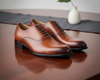 Handmade Brown Patina Oxford Shoes: Genuine Leather Formal Dress Shoes