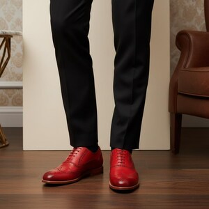 Handmade Red Leather Brogue Dress Shoes | Wingtip Oxford Shoes for Men | Luxury Formal Footwear image 5