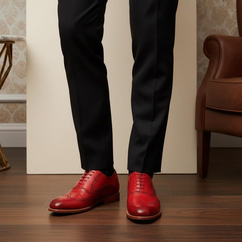 Handmade Red Leather Brogue Dress Shoes | Wingtip Oxford Shoes for Men | Luxury Formal Footwear image 5