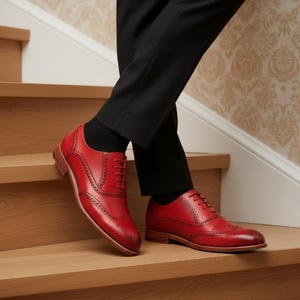 Handmade Red Leather Brogue Dress Shoes | Wingtip Oxford Shoes for Men | Luxury Formal Footwear image 3