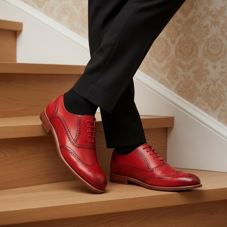 Handmade Red Leather Brogue Dress Shoes | Wingtip Oxford Shoes for Men | Luxury Formal Footwear image 3