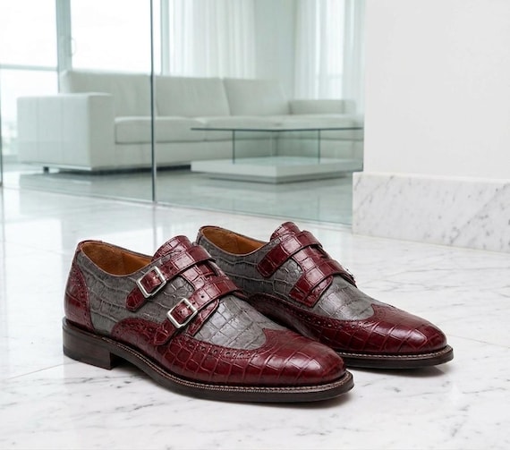 Burgundy Gray Crocodile Double Monk Strap Shoes, Handmade Leather Dress Shoes, Exotic Pattern Formal Wedding Shoes Men