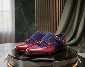 Men's Burgundy Navy Leather Tassel Monk Strap Brogue Shoes – Formal Wedding Loafers