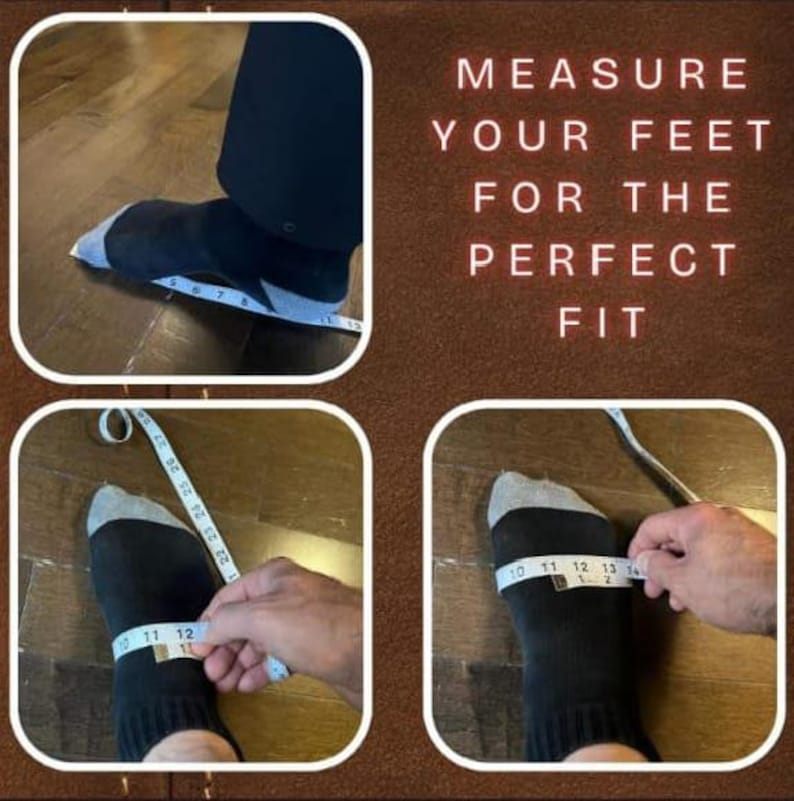 May include: Image showing how to measure feet for the perfect fit. The text reads: "MEASURE YOUR FEET FOR THE PERFECT FIT." The image shows feet being measured with a measuring tape. The feet are wearing black socks.