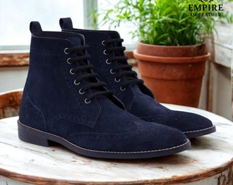 Handmade Suede Brogue Boots: Navy Blue Leather