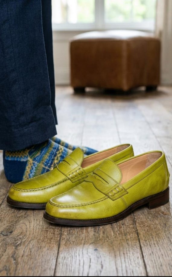 Handmade Chartreuse Leather Penny Loafers, Men's Slip-On Dress Shoes, Lime Green Formal Wear