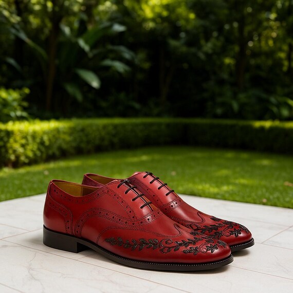 Handmade Red Leather Oxford Shoes for Men | Floral Embroidered Brogues | Luxury Dress Shoes | Wedding