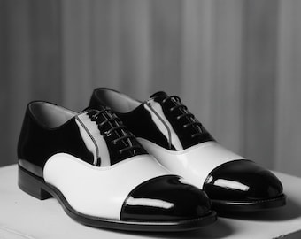 Handgefertigte Schwarz-Weiße Lackleder Oxford Schuhe | Zwei Ton Spectator Dress Schuhe