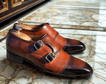 Handmade Two-Tone Brown Leather Double Monk Strap Dress Shoes
