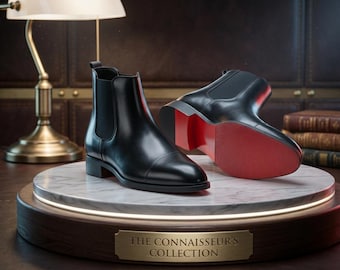 Handmade Black Leather Chelsea Boots, Signature Red Sole  display picture 3