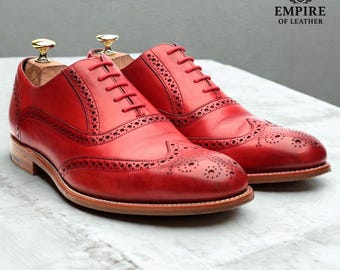 Chaussures habillées brogue en cuir rouge faites main | Richelieu Wingtip pour homme | Chaussures habillées de luxe