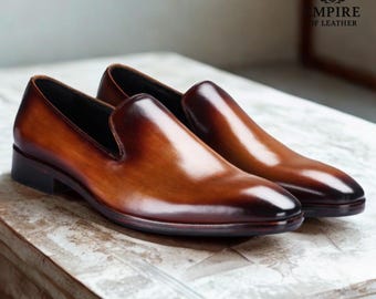Handmade Leather Men's Loafers | Elegant Burnished Brown Slip-On Dress Shoes | Formal Shoes