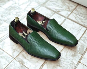 Handmade Green Leather Loafers: Python Textured Slip-On Dress Shoes