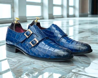Handmade Blue Crocodile Embossed Leather Monk Strap Dress Shoes