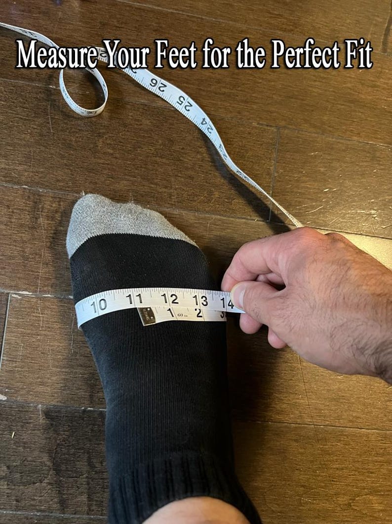May include: A foot in a black sock is measured with a white measuring tape. The tape reads 10 to 14 inches. The text "Measure Your Feet for the Perfect Fit" is at the top of the image.