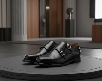 Handmade Black Leather Double Monk Strap Dress Shoes