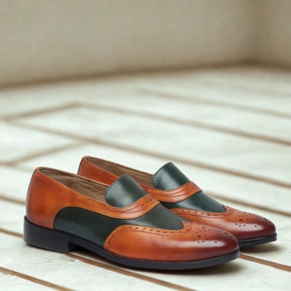 Handmade Two-Tone Leather Loafers: Brown & Green Wingtip Dress Shoes Handmade Two-Tone Leather Loafers: Brown & Green Wingtip Dress Shoes