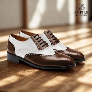 Men&#39;s Two Tone Brown & White Leather Wingtip Oxford Shoes | Handmade leather shoes