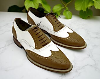 Handmade Two-Tone Leather Wingtip Oxford Shoes | Classic Formal Footwear