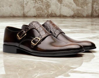 Handmade Brown Leather Double Monk Strap Shoes: Crocodile Texture