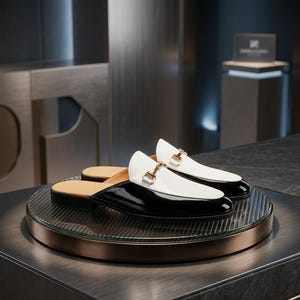 Men's Black White Leather Mule Loafers, Handmade Horsebit Slip-On Dress Shoes image 1