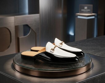 Men's Black White Leather Mule Loafers, Handmade Horsebit Slip-On Dress Shoes