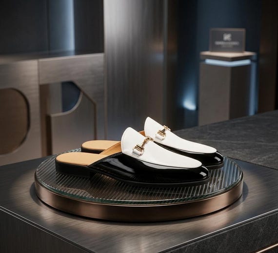 Men's Black White Leather Mule Loafers, Handmade Horsebit Slip-On Dress Shoes
