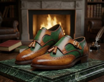 Handcrafted Green Brown Leather Tassel Brogue Monk Strap Shoes, Patina Oxford Style Formal Luxury
